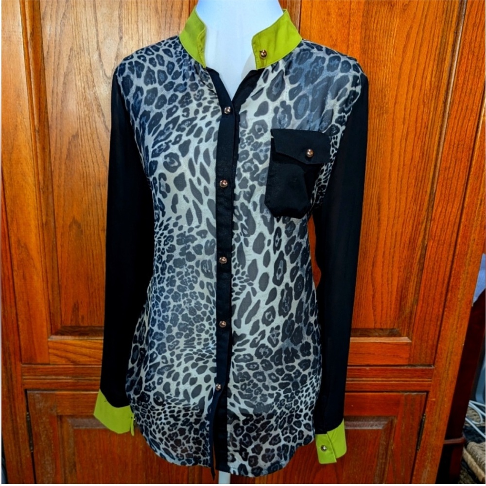 Adara sheer chiffon cheetah print black/grey/lime buttonup mandarin collar top
